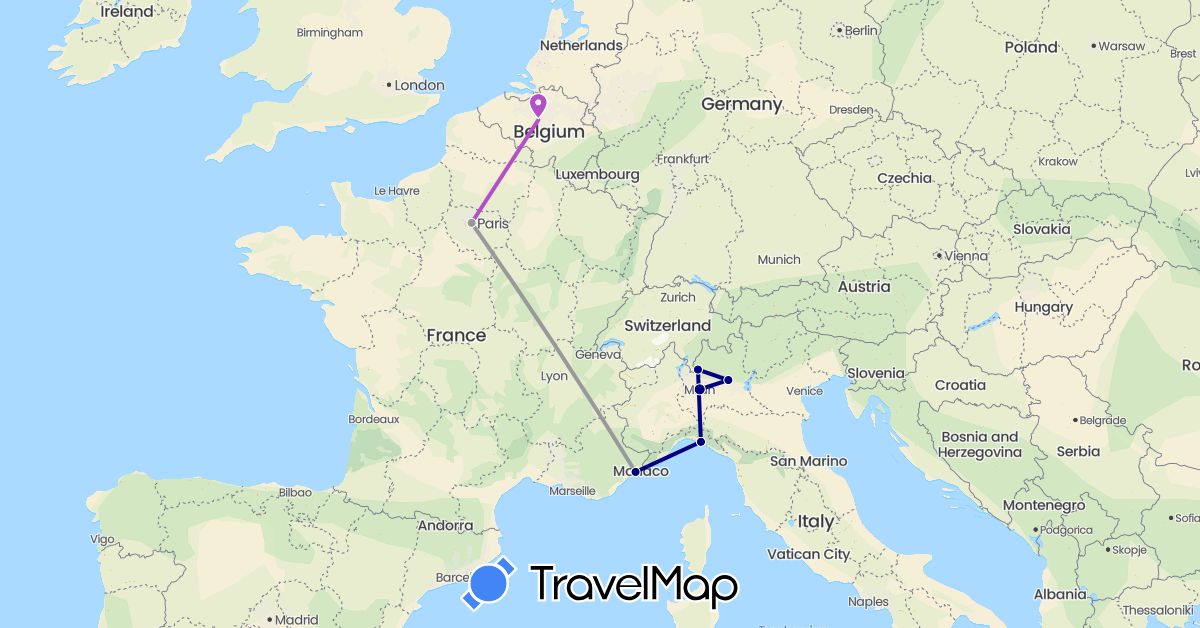 TravelMap itinerary: driving, plane, train in Belgium, France, Italy (Europe)